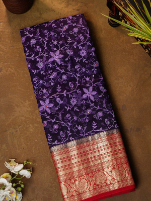 Fancy Organza Navy Blue Saree